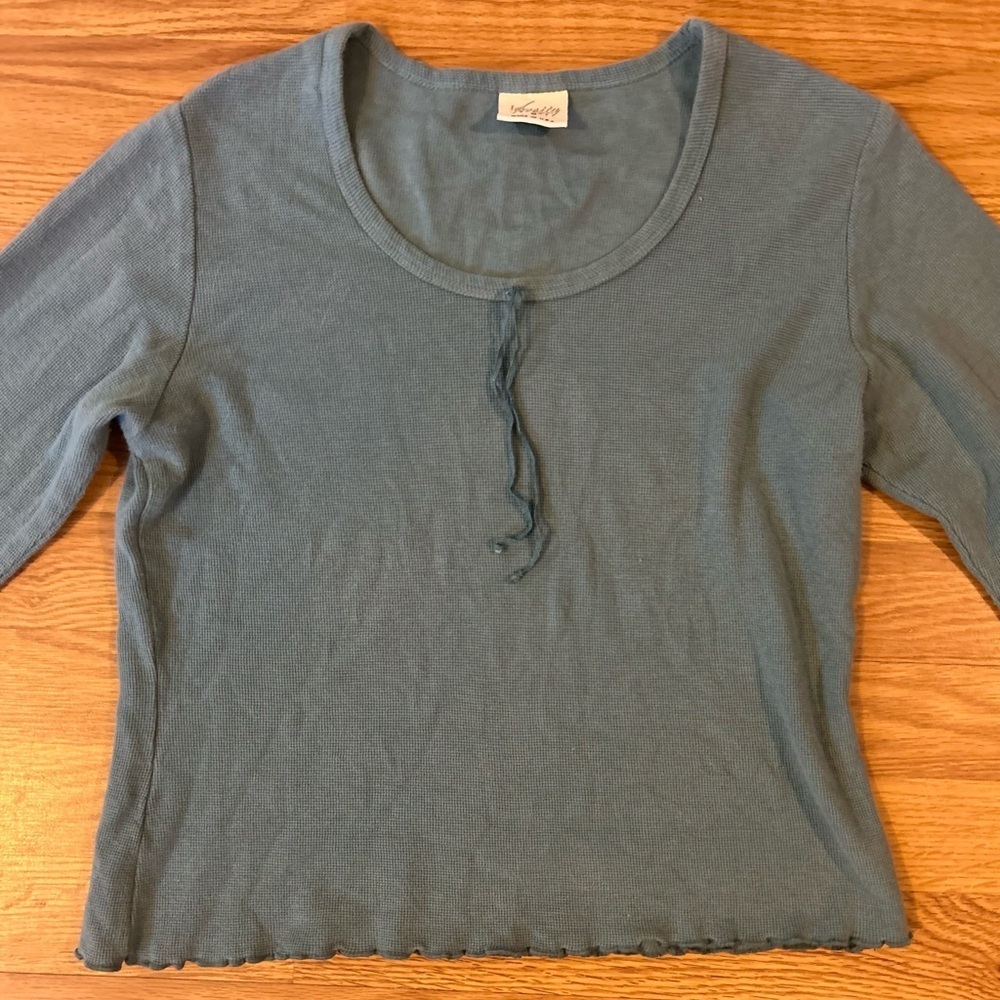 Vintage Varsity Sport Teal Waffle Knit Long Sleeve Top Women’s Medium Cotton - Picture 4 of 12